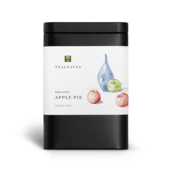 Black rectangular container with a large white label that has the tealeaves logo and product name Apple Pie