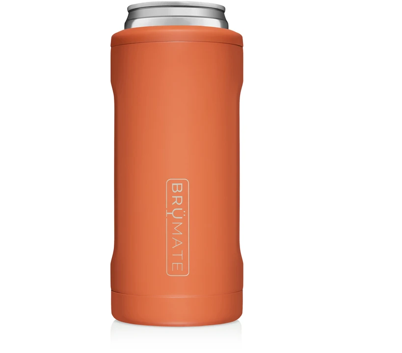 Tall brown cylindrical can holder with brumate etched into the side