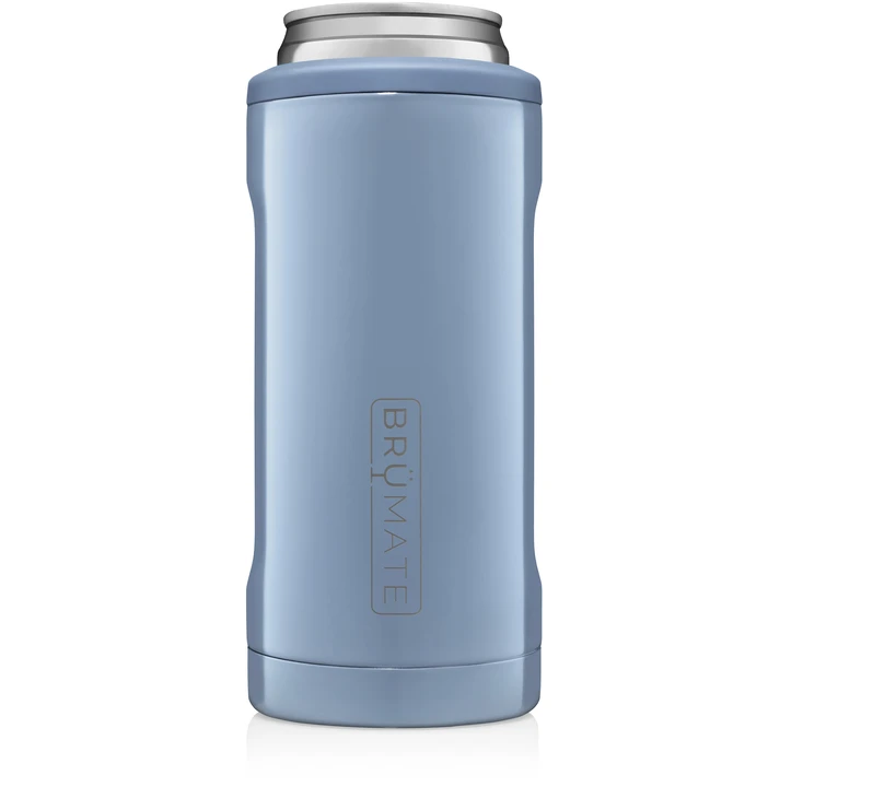 Tall denim blue cylindrical can holder with brumate etched into the side