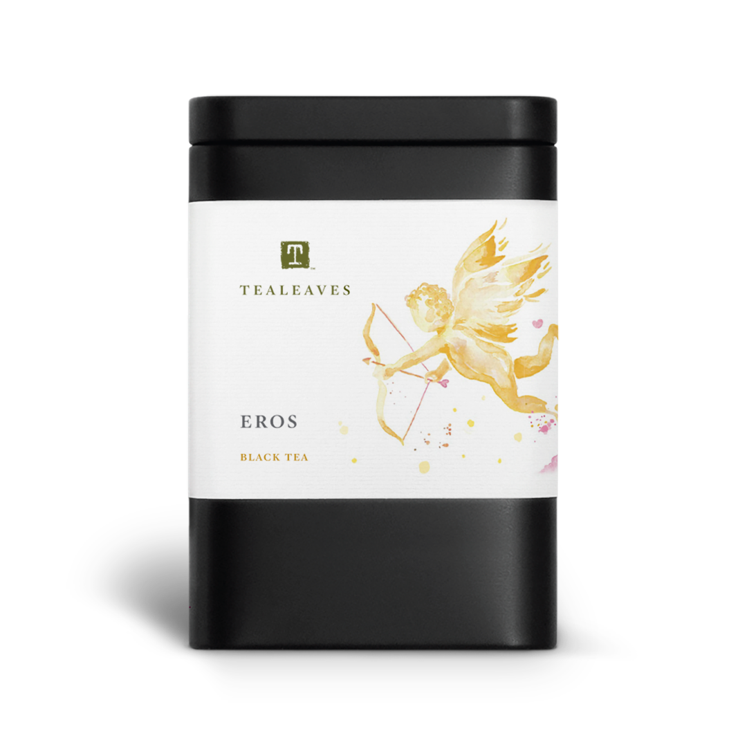 Black rectangular container with a large white label that has the tealeaves logo and product name Eros