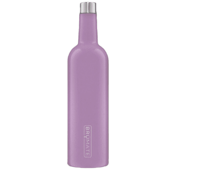 light purple wine bottle shaped water bottle with Brumate etched vertically into the bottom