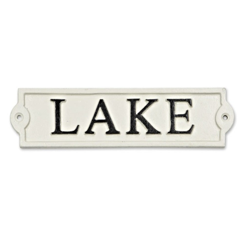 white vintage sign that says lake in a large black font 