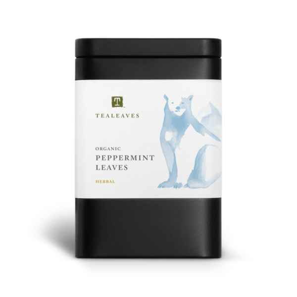 Black rectangular container with a large white label that has the tealeaves logo and product name Peppermint Leaves