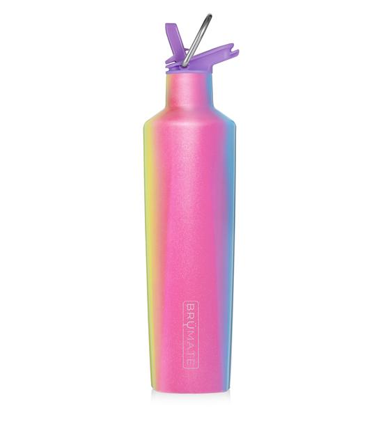 Rainbow coloured water bottle with multipurpose lid and Brumate etched vertically on the side