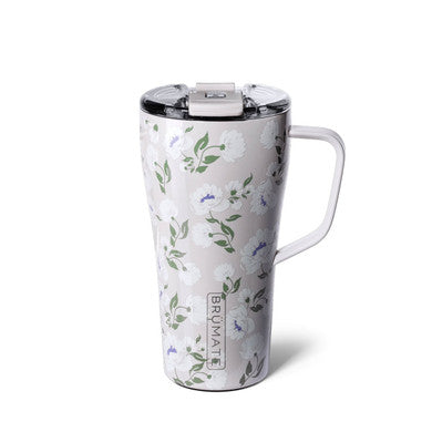 tall white pint glass shaped insulated mug with white flower pattern 