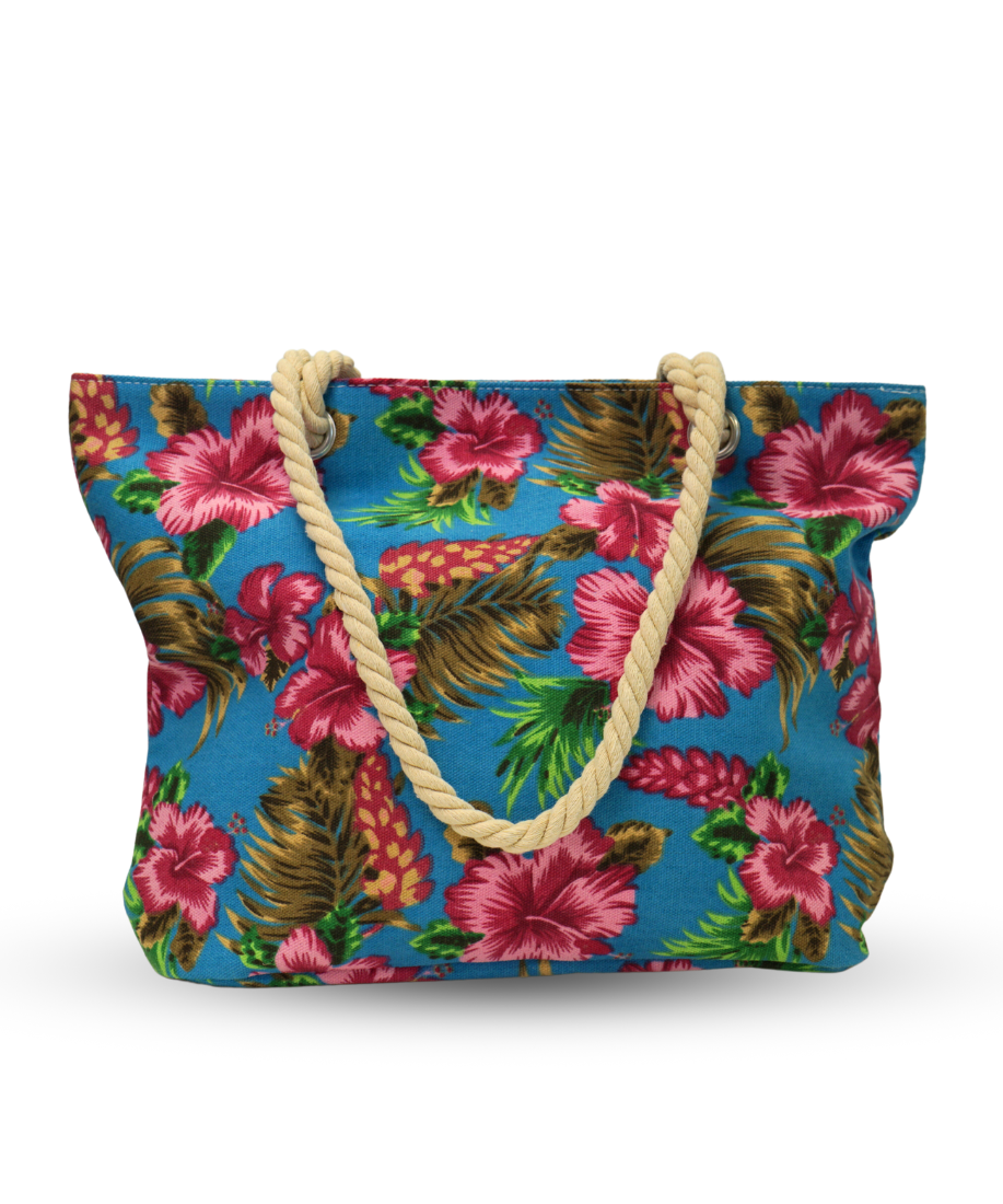 Blue canvas tote bag with beige rope handles and pink hibiscus flowers with green leaves