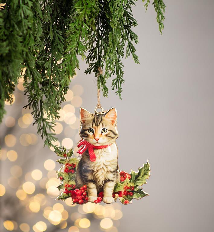 Holiday Kitten With Holly Ornament