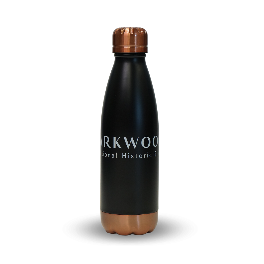 Tall metal water bottle with a navy baze, bronze bottom and lid with "Parkwood National Historic Site" etched in the midde of it