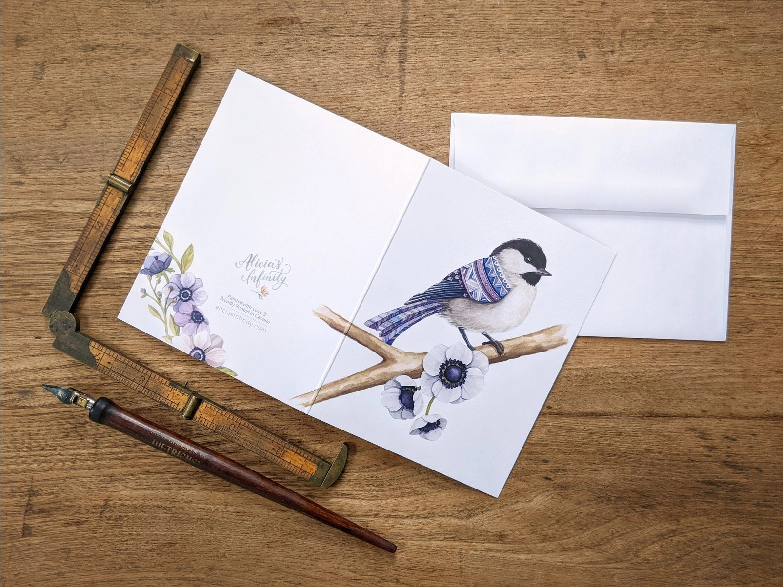 Chickadee With Patterned Feathers, Greeting Card
