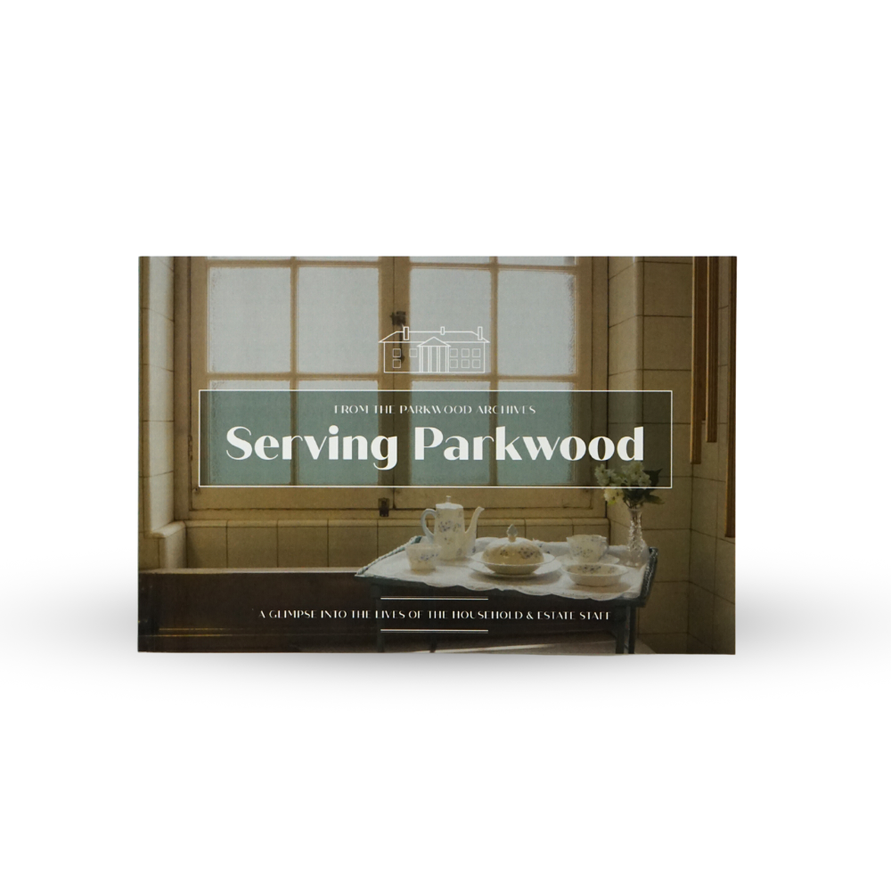 A book cover showing blue china dishes on a serving tray with the title serving parkwood