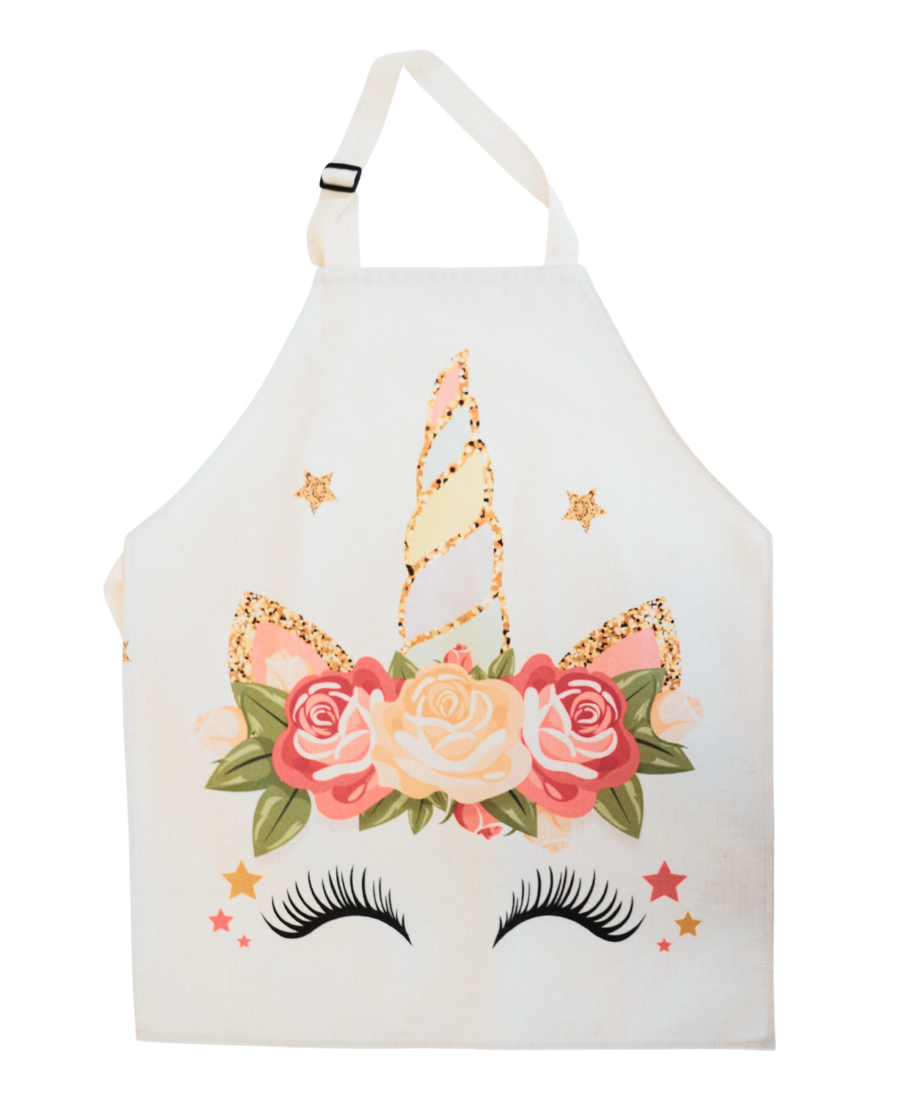 White apron with the gold glitter outline of a happy unicorn wearing pink and peach flowers and pink and peach stars