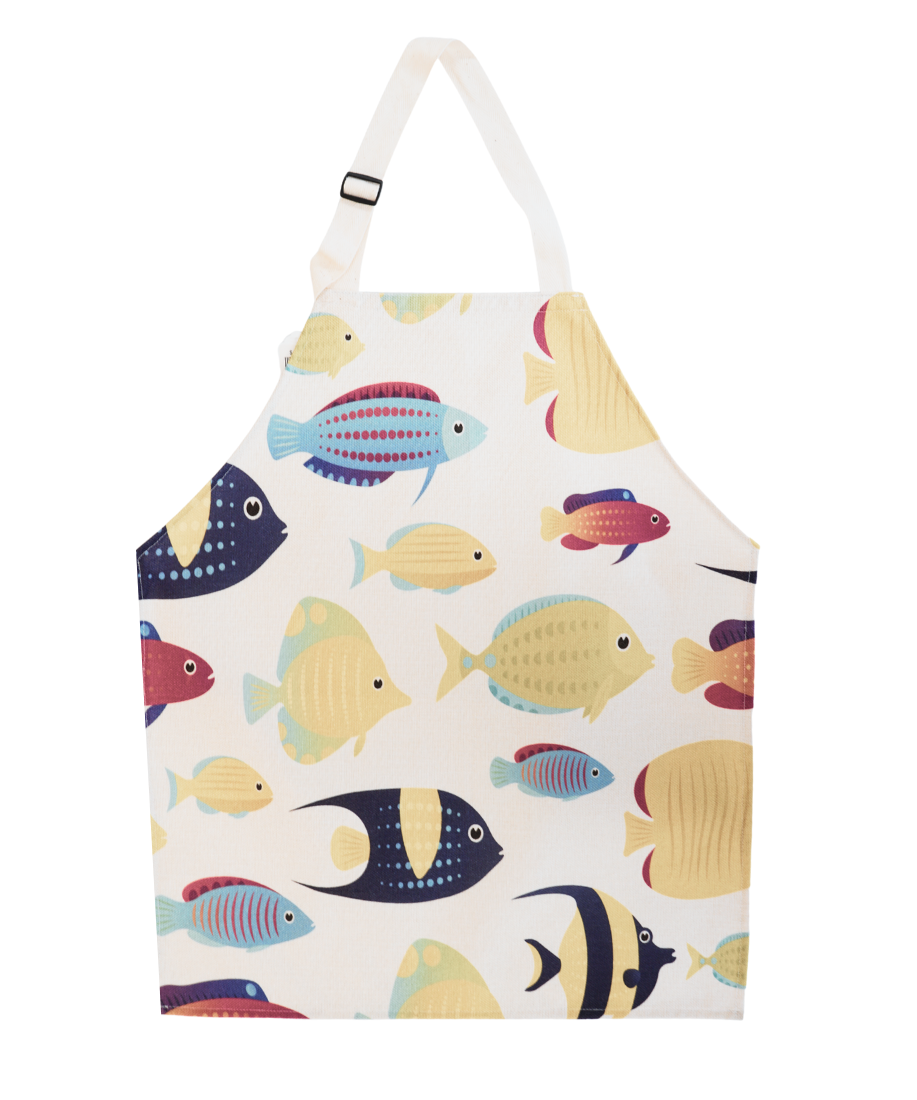 white apron with different cartoon fish on it