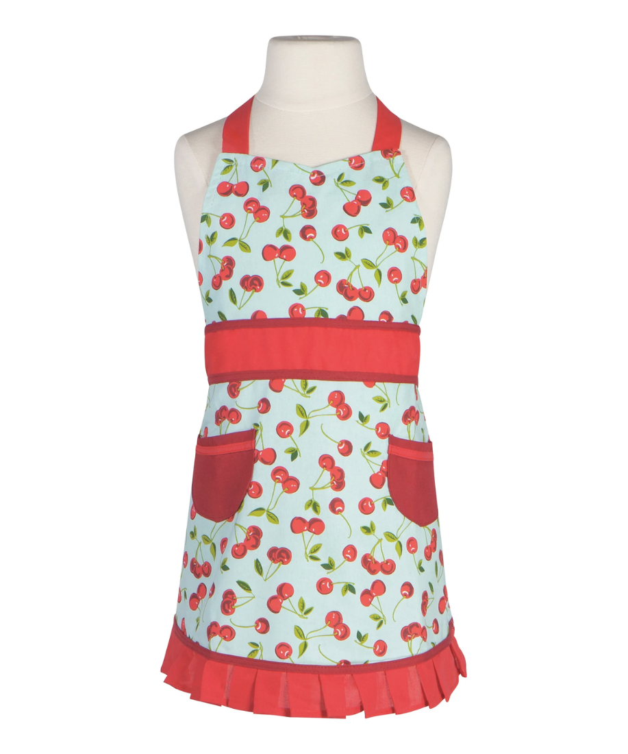 light blue and red apron with cherries on it 