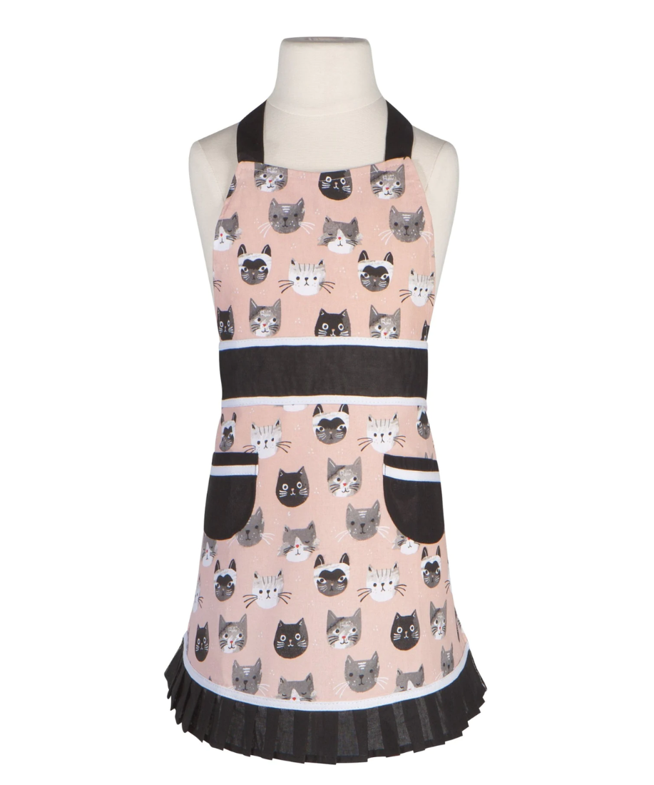 light pink and black apron with different cartoon cat faces 