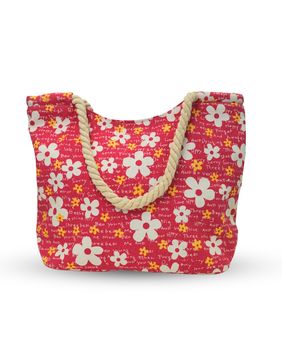 Red tote bag with white and yellow flowers, and repeating text in the background 
