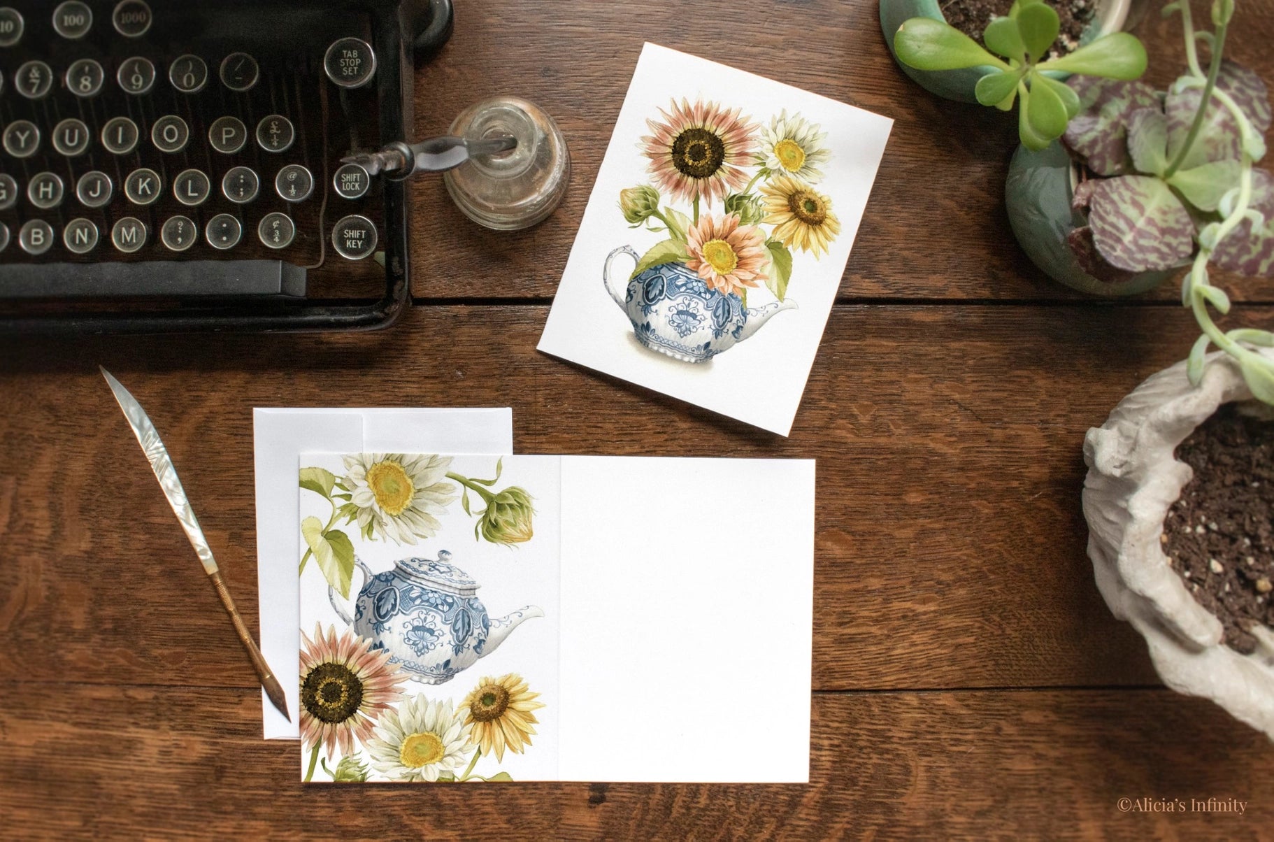 Sunflower Delft Teapot, Greeting Card