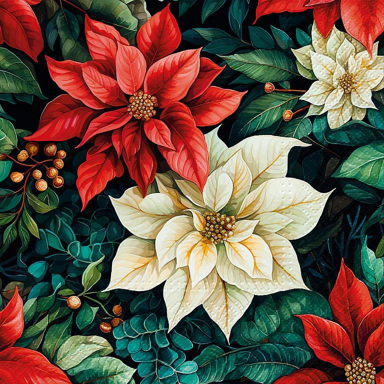 Large Poinsettia On Black Lunch Napkins