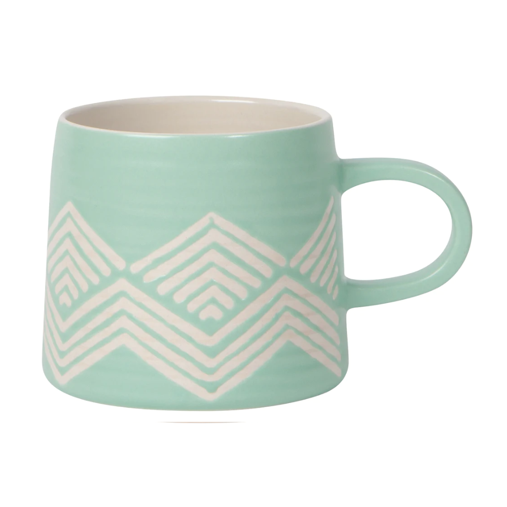 light blue mug with a white jagged wave inspired pattern printed across the mug 