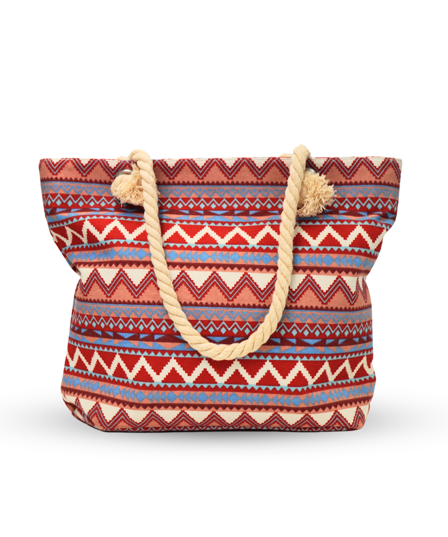 Tote bag in a traditional red-palleted terracotta pattern  