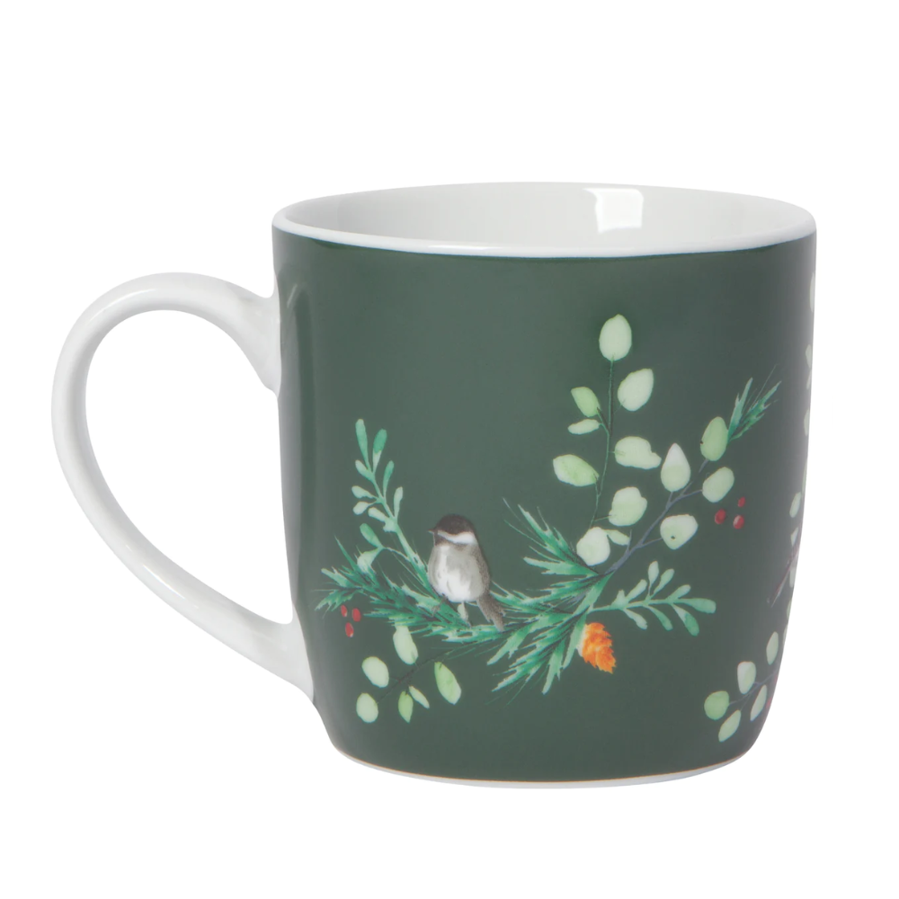 Bluish-green mug with a white handle, and an evergreen branch with a chickadee perched on the branch