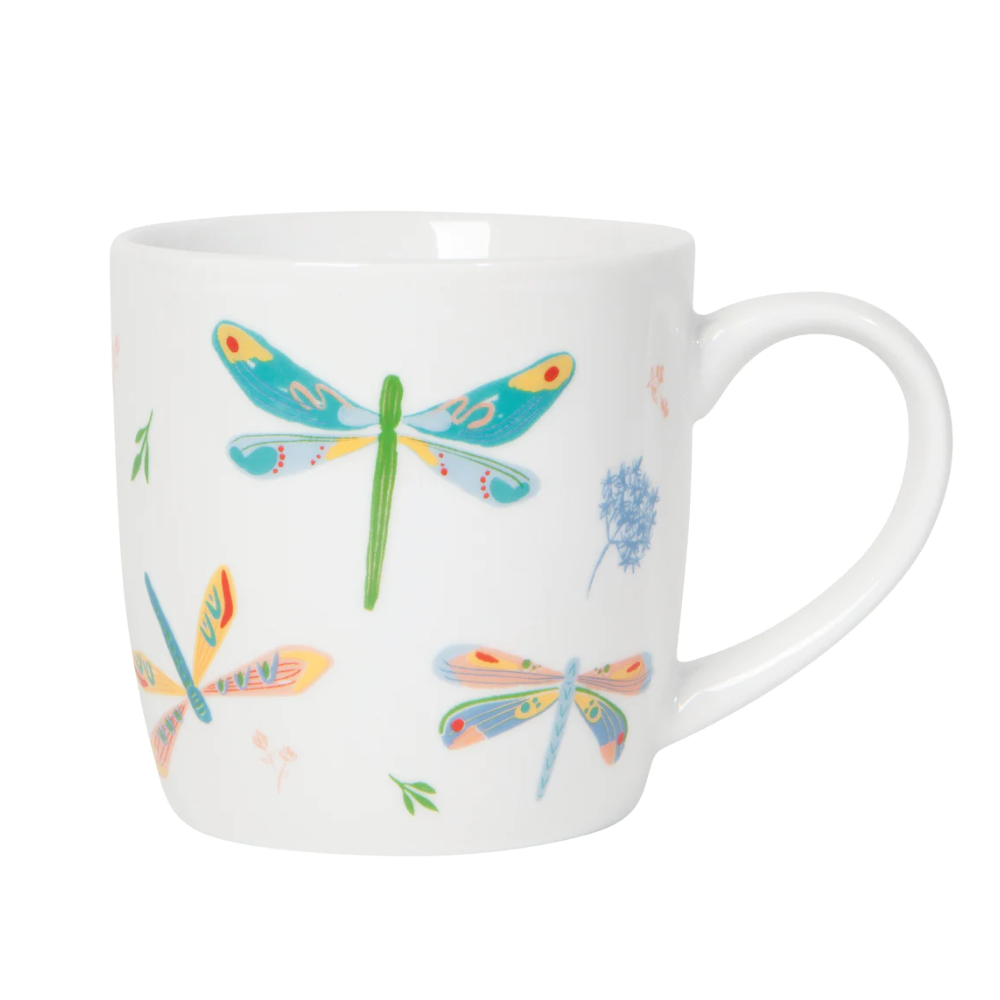 white mug with various different coloured dragonflies all over the mug