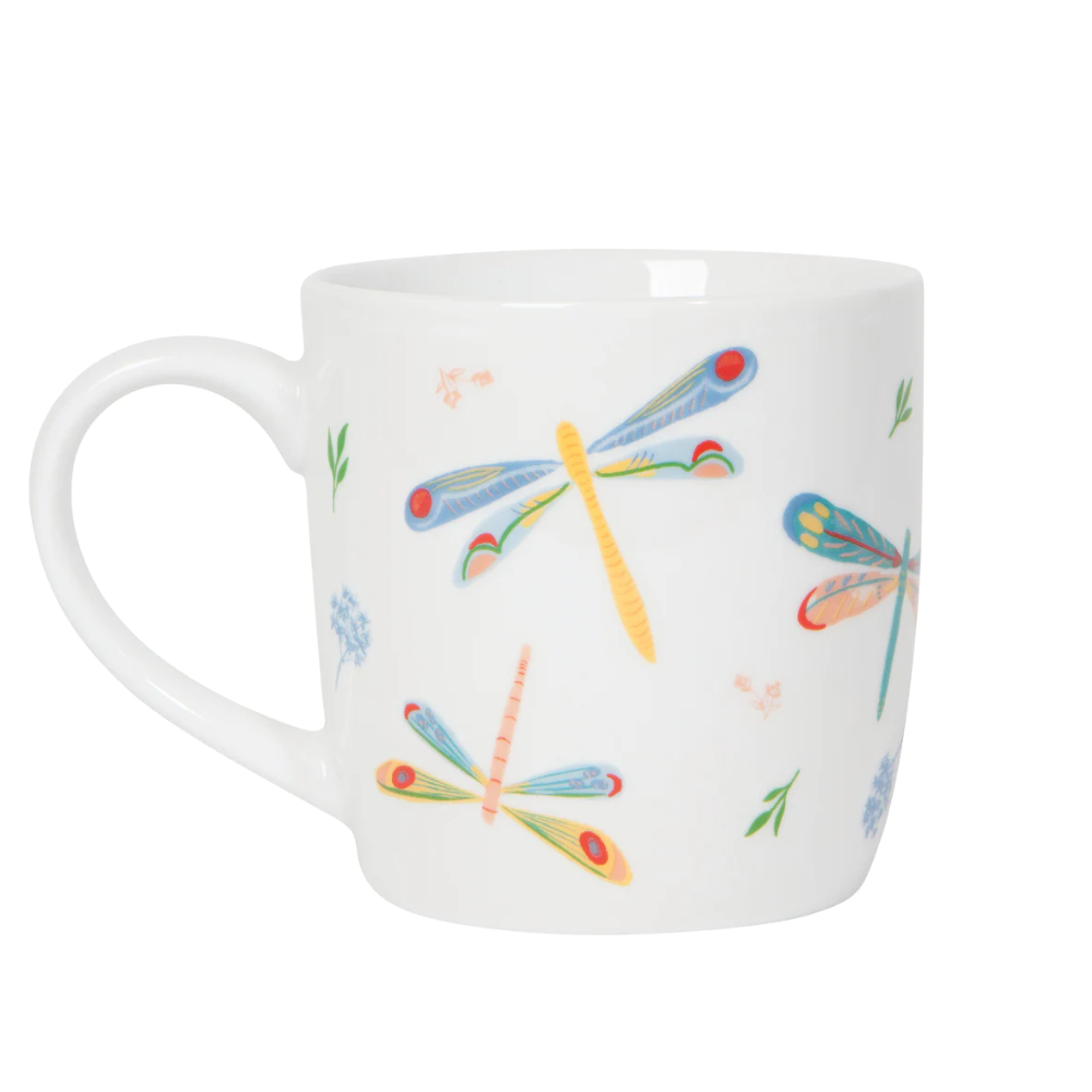 white mug with dofferent coloured dragonflies all across the mug