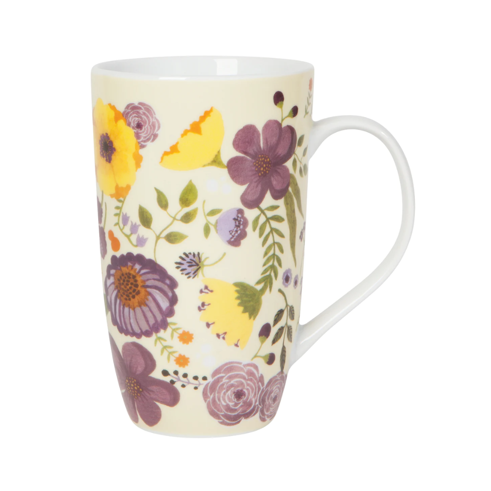 off white tall mug with different types of flowers in either purple, yellow, or orange 