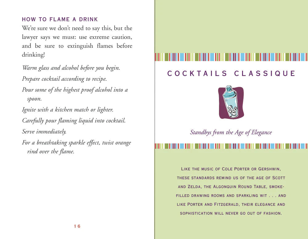 two pages with instructions for how to flame a cocktail on the left, and a title page for "Cocktails Classique" on the right