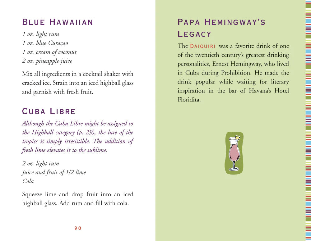 two pages with the left being instructions for the Blue Hawaiian and Cuba libre, with the right page being green, and a paragraph on the relationship of Ernest Hemingway, and Daquiri