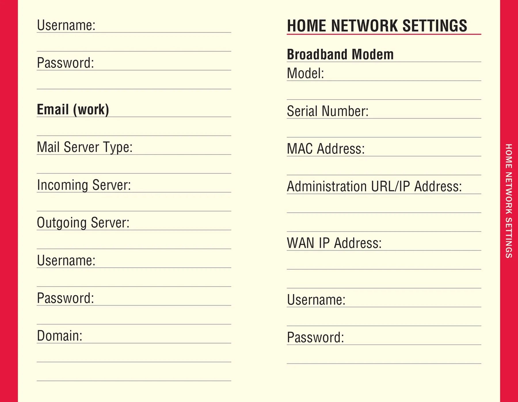 two pages with spaces for usernames, passwords, and wifi details 