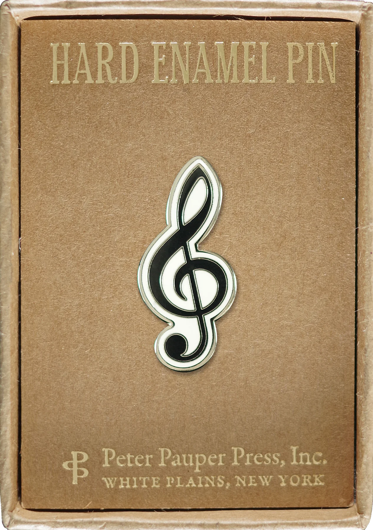 Black treble clef with white border attached to a box with text that reads hard enamel pin