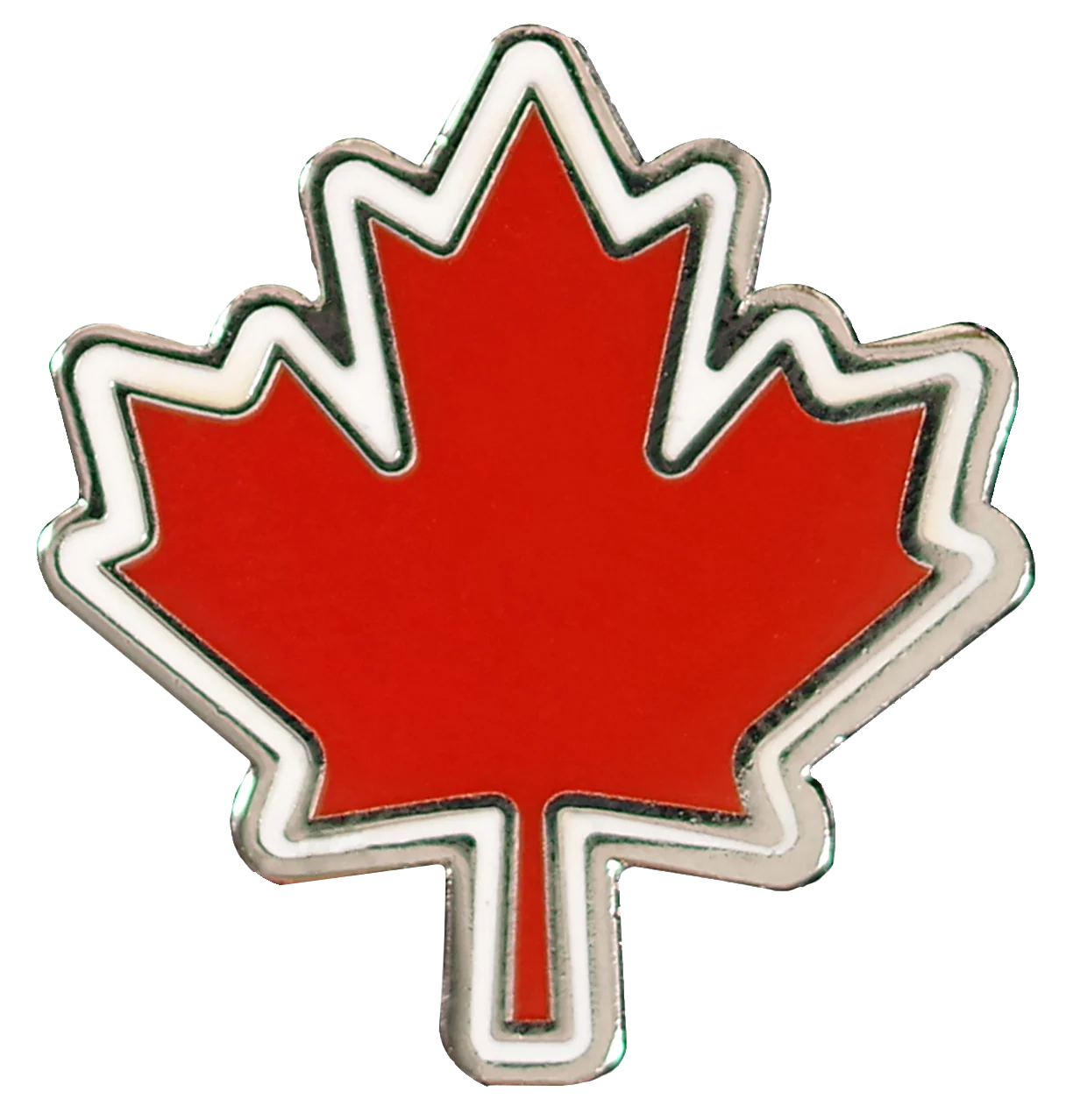 red maple leaf pin with a white outline 