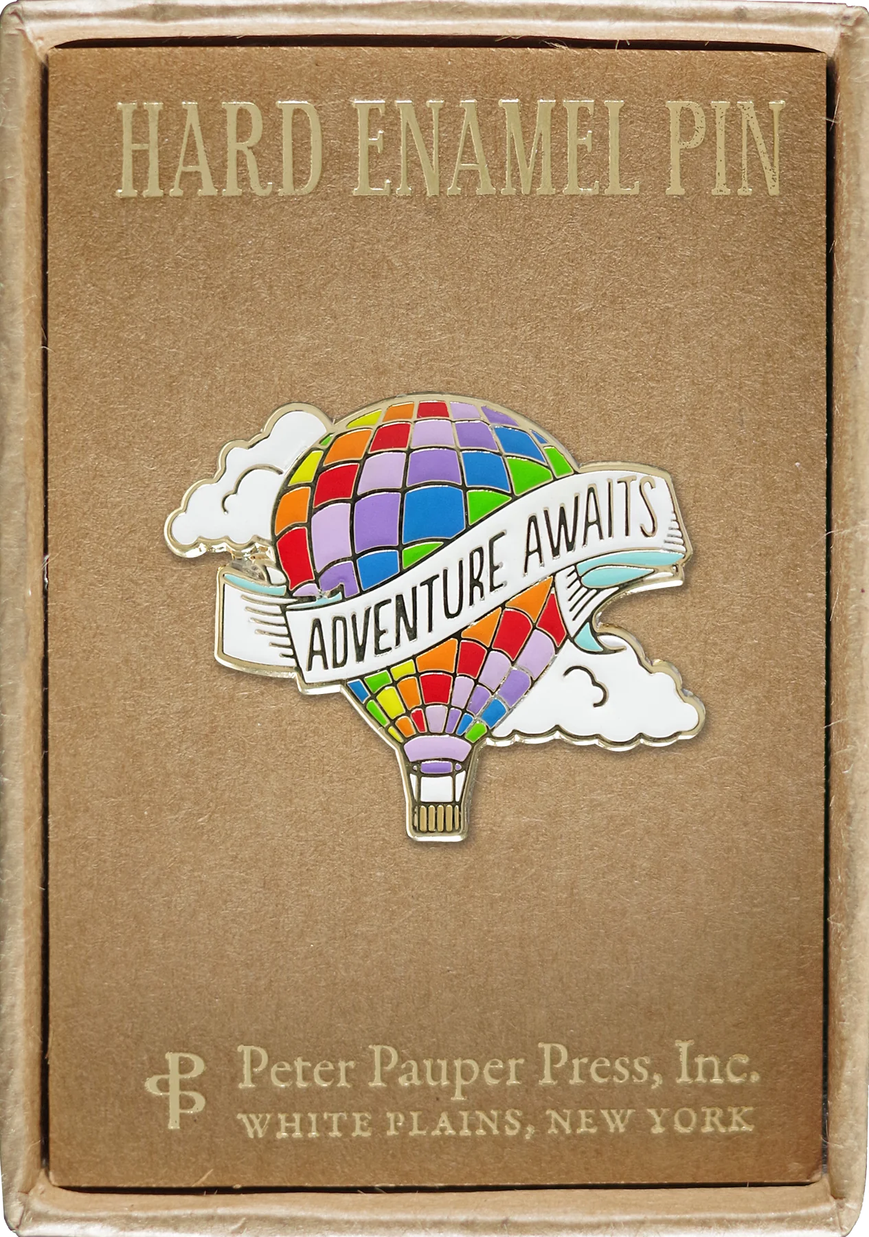 Multi-coloured hot air balloon with clouds behind it and awhite banner in front that says adventure awaits pinned onto a box that says 'hard enamel pin'