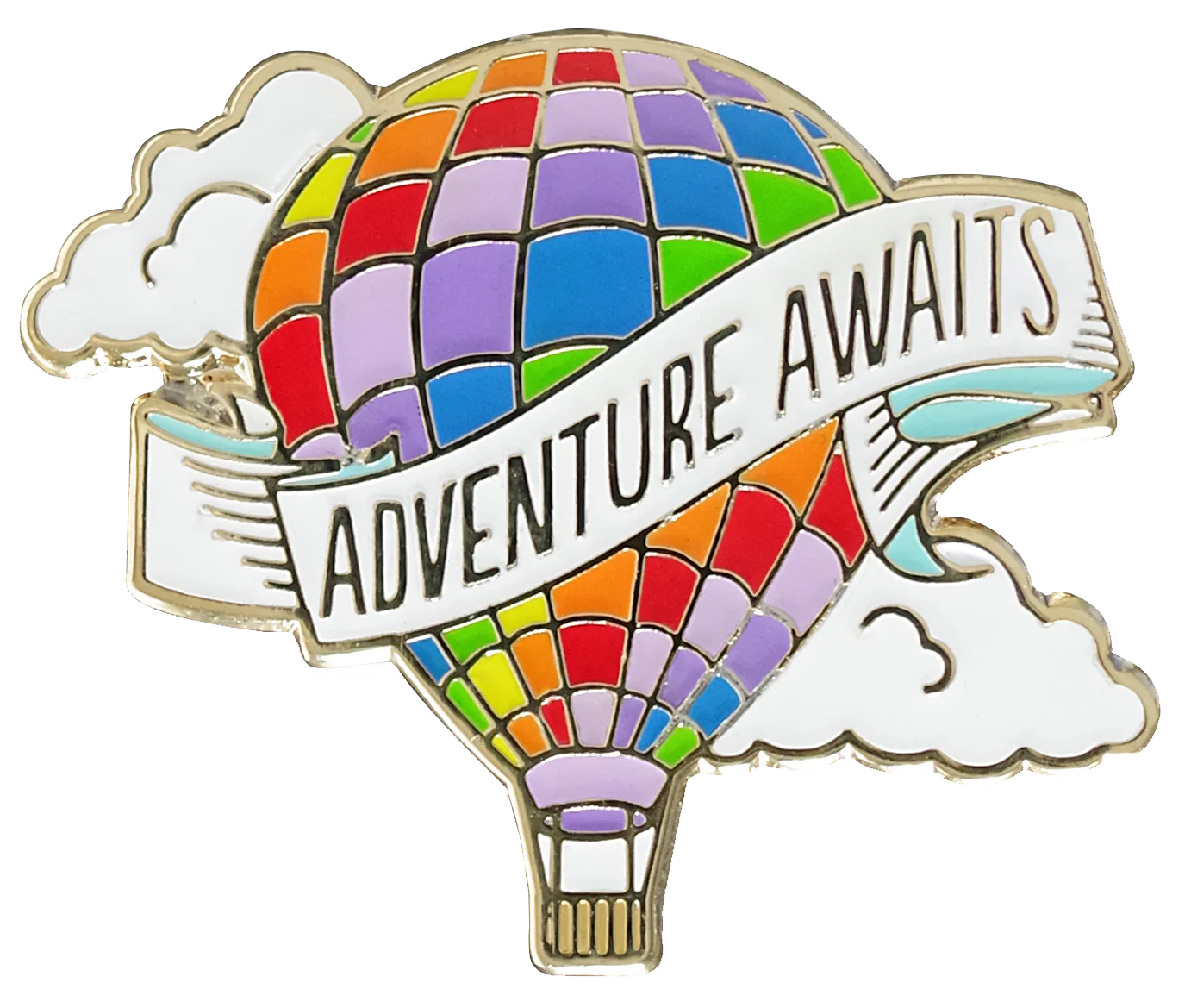 Multi-coloured hot air balloon with clouds behind it and awhite banner in front that says adventure awaits