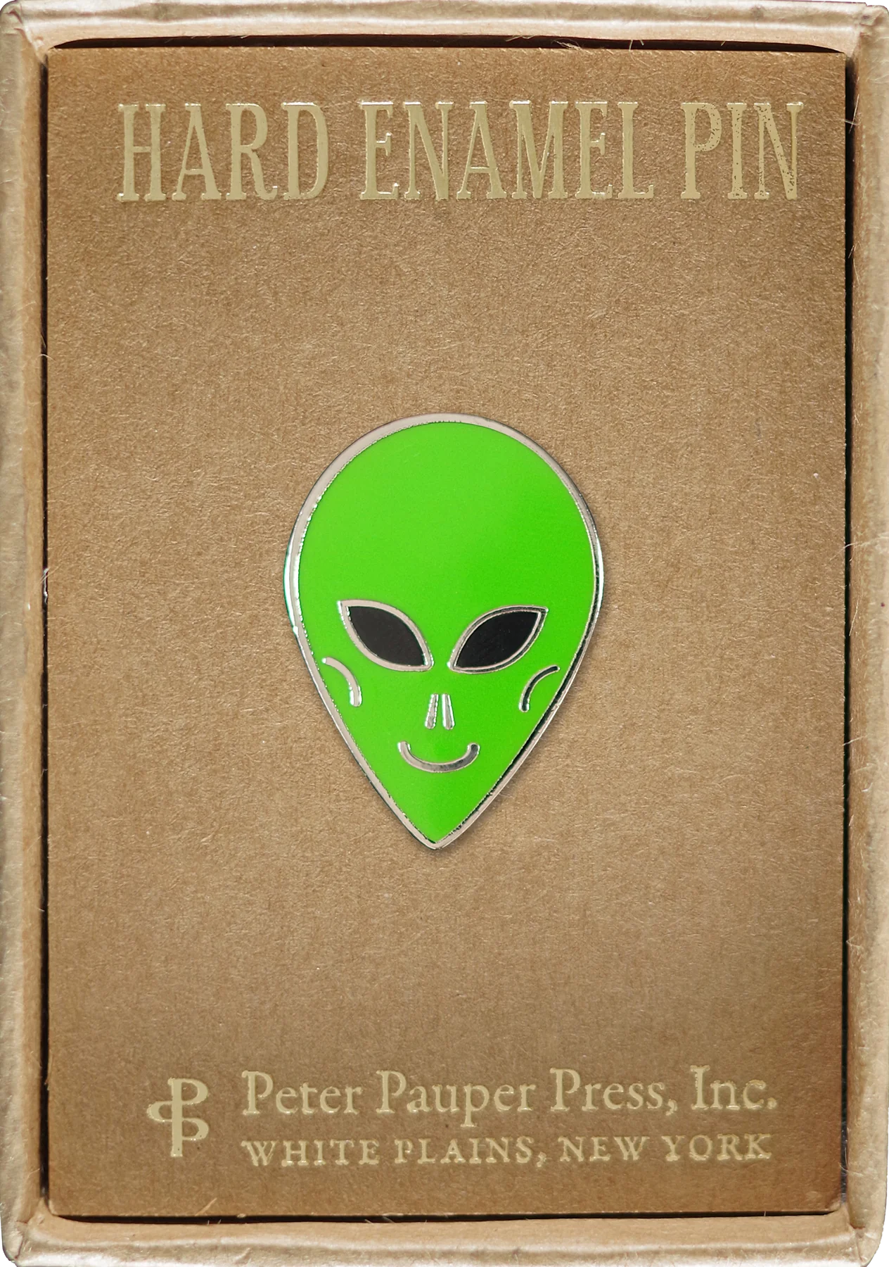 Green alien head pin with black eyes on a box that says 'hard enamel pin'