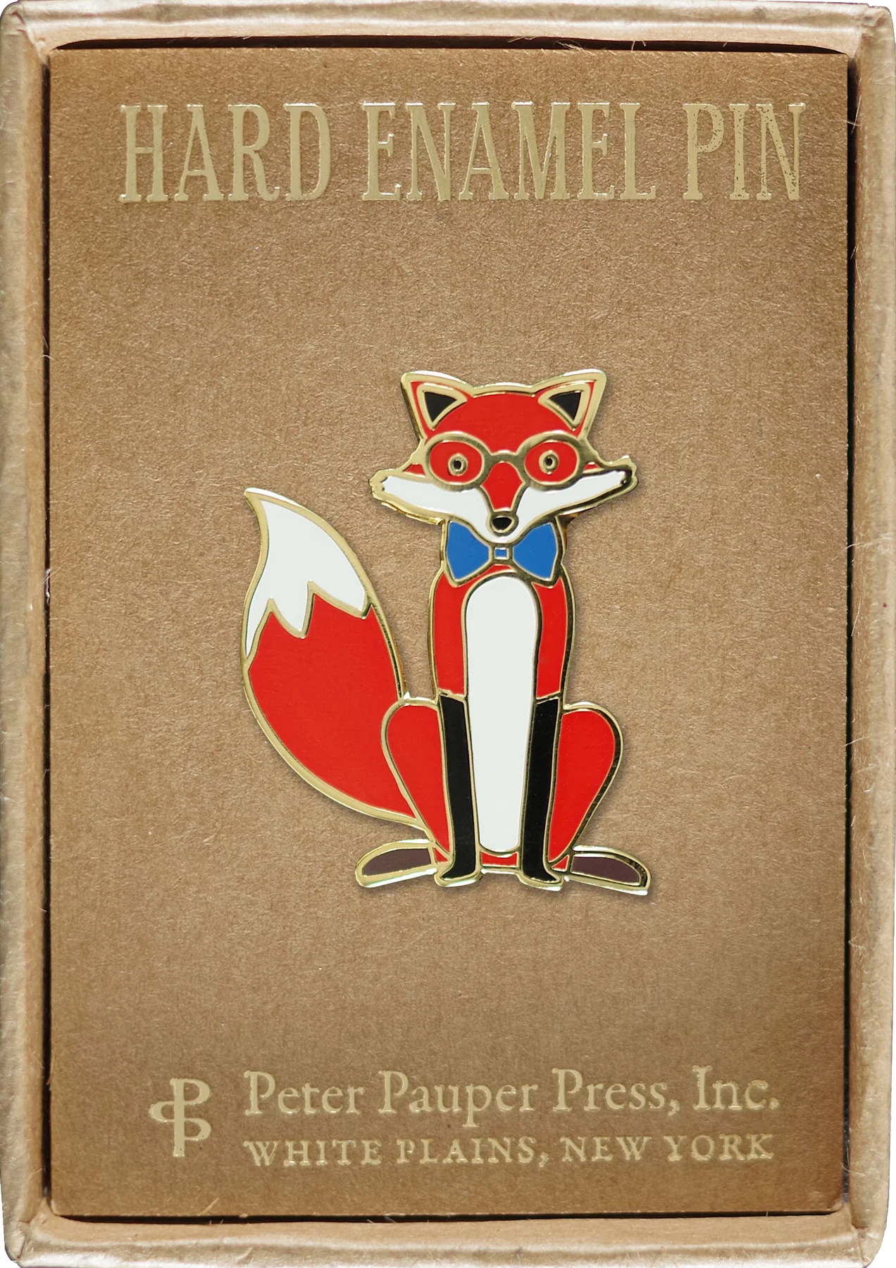 red, white, and black fox with a blue bowtie and glasses attached to a box that says Hard Enamel Pin