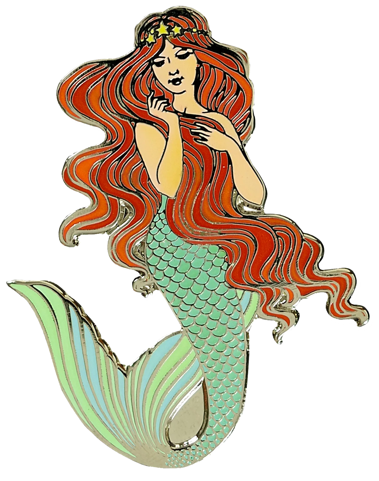 fair skinned mermaid with red hair gold crown, and a green tail