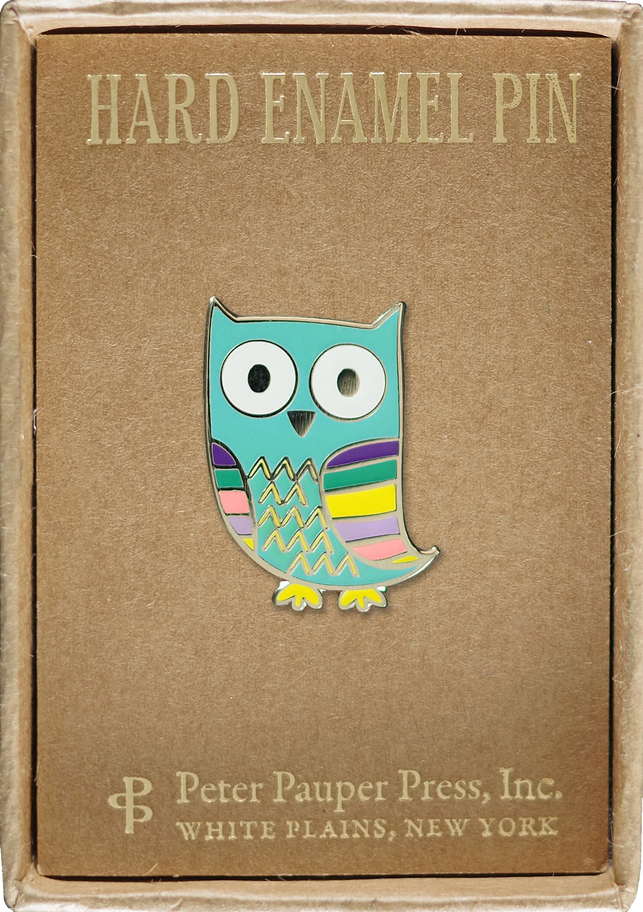 light blue cartoon owl pin with multi-coloured wings and yellow feet attached to a box that reads hard enamel pin