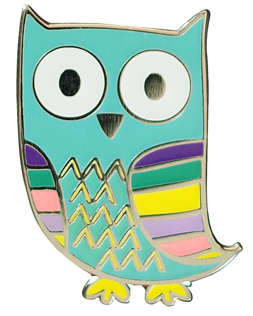 light blue cartoon owl pin with multi-coloured wings and yellow feet