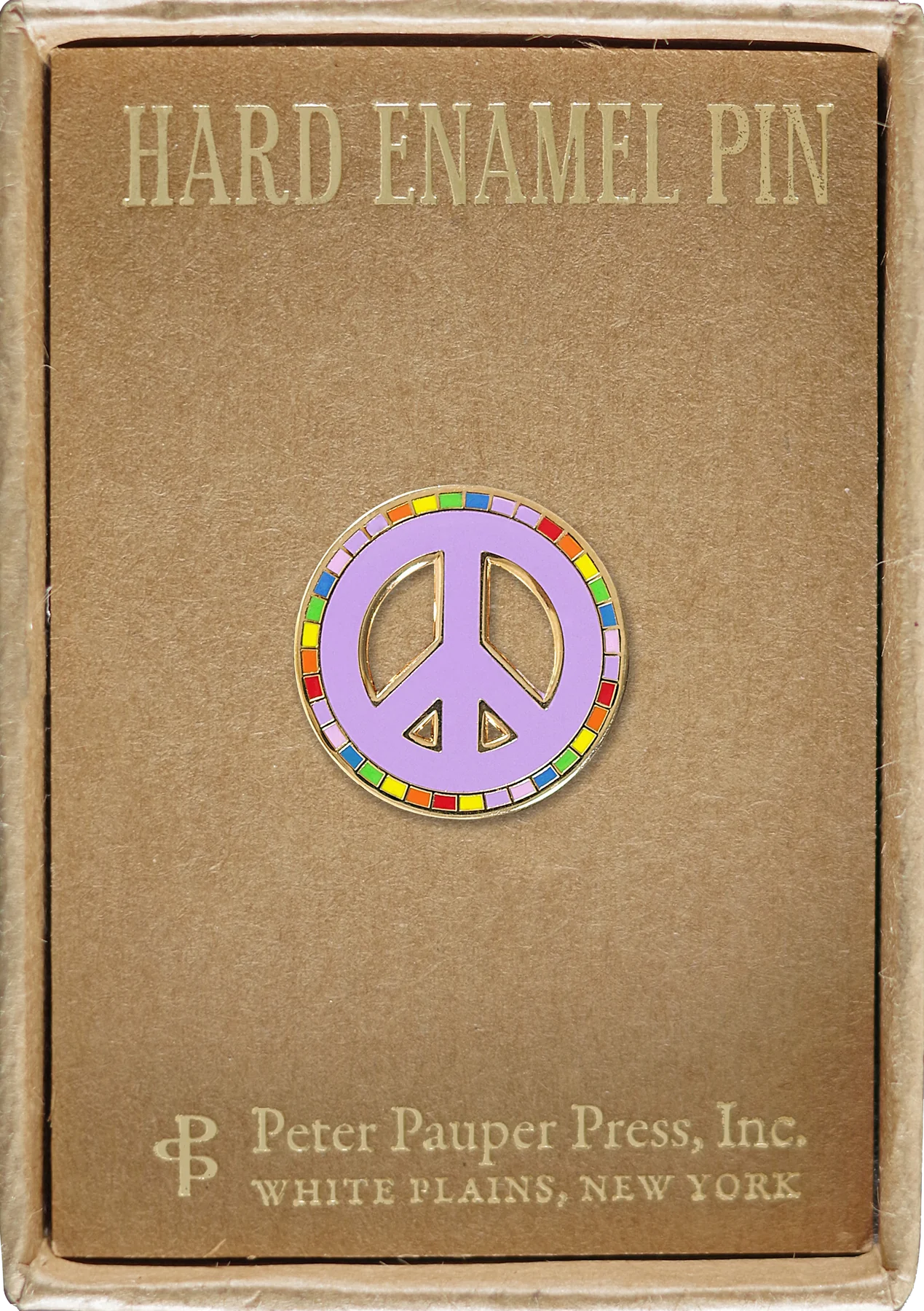 light pink peace sign with a rainbow border attached to a box that reads hard enamel pin 