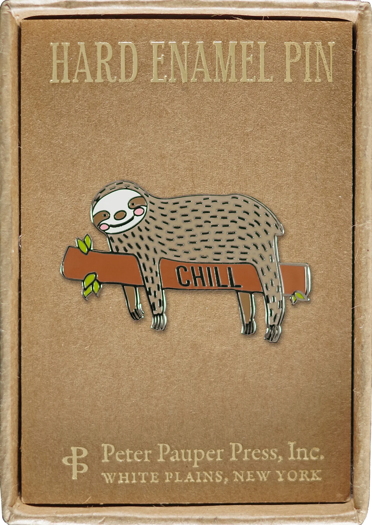 light brown and white sloth on a brown branch that reads chill in black text attached to a box that reads hard enamel pin