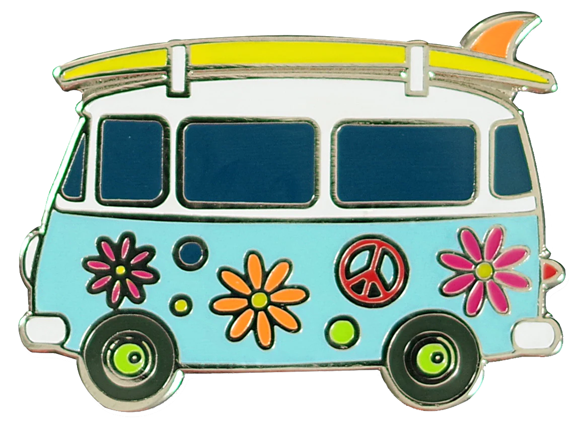 light blue and white vintage bus with multi-coloured flowers and peace signs all over it with a green and orange surf board on the roof
