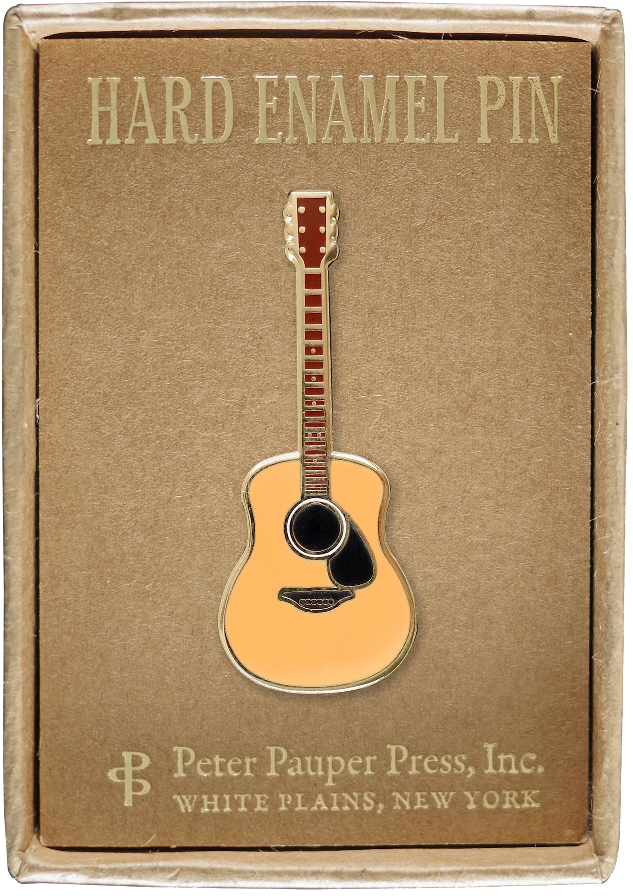 beige acoustic guitar pin attached to a box that says hard enamel pin