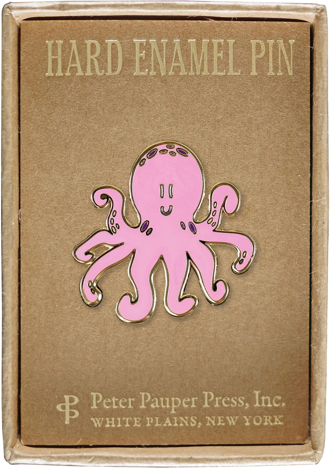 pink smiling octopus pin attached to a box that reads hard enamel pin