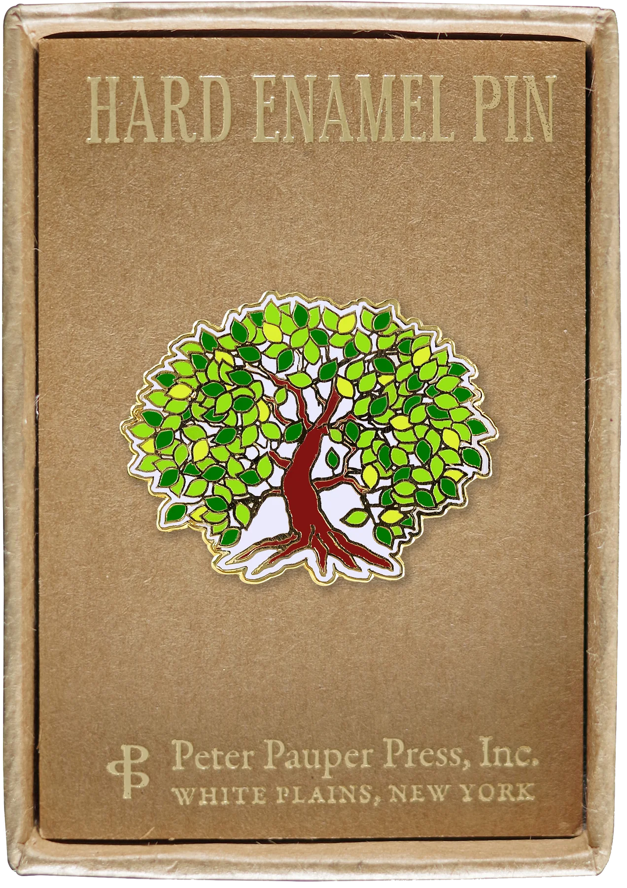 tree with a brown trunk and leaves in different shades of green attached to a box that reads hard enamel pin