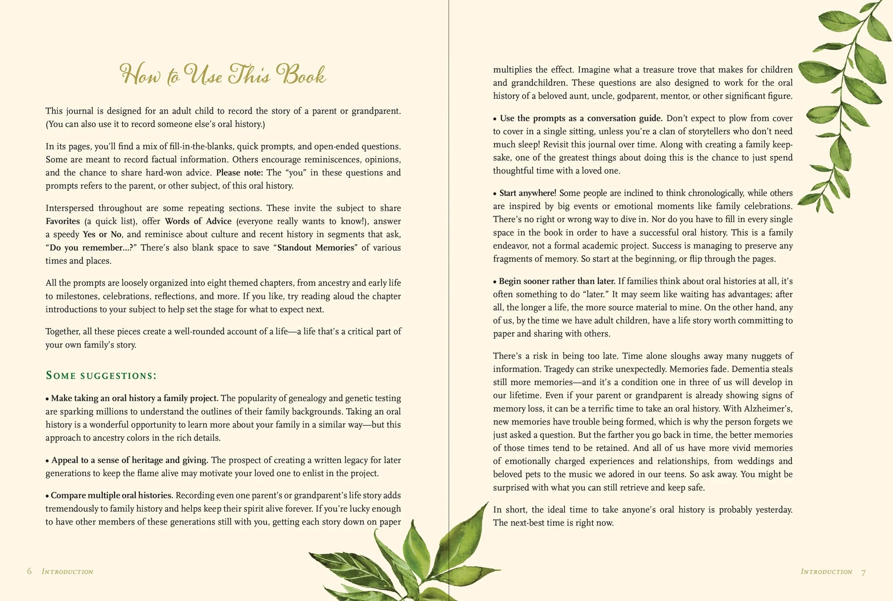 two pages with decorative plants across it, and text on how to use the book