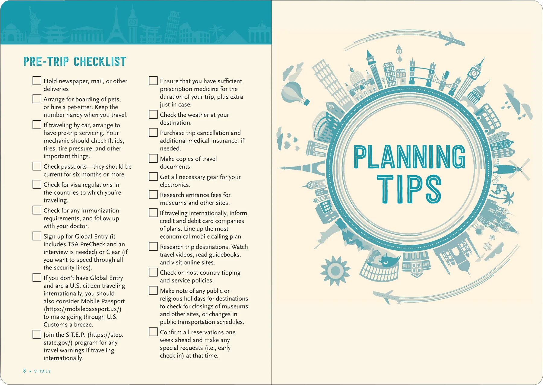 two pages with a pre-trip checklist, and a circular city logo with "planning tips" in the centre