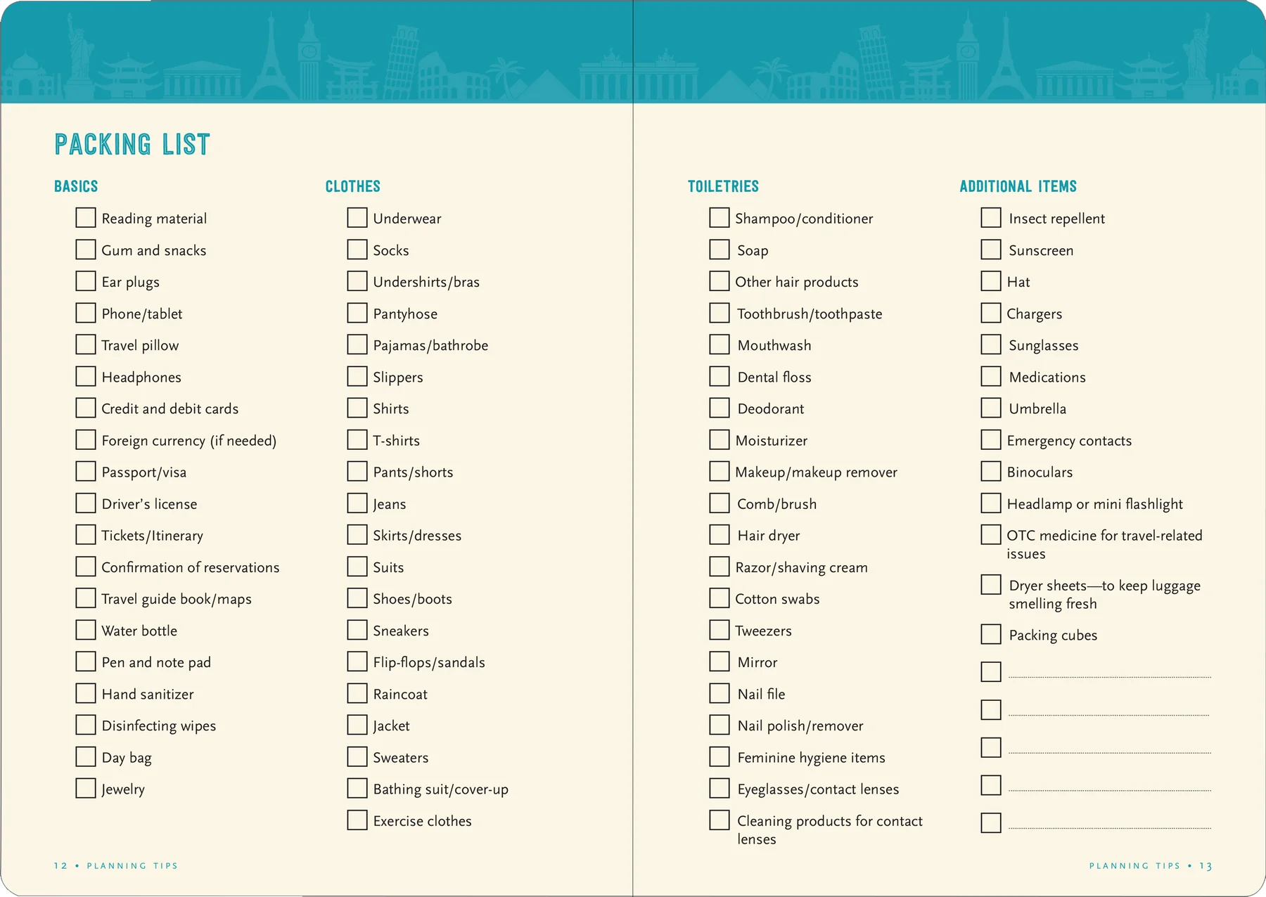 two pages with a checklist for packing