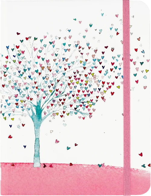 White journal with a light blue tree adorned with multicoloured hearts for leaves, on top of a pink hill