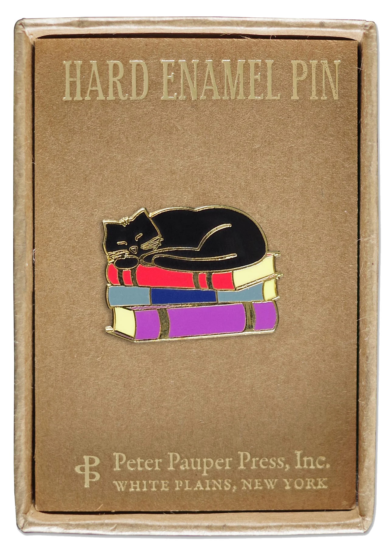 Black cat sleeping on top of three differently coloured books on box that says hard enamel pin